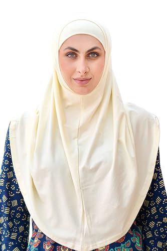 SARJANA Women's Solid Color Cotton Hijab with Under Scarf Cap Ready to Wear Stretch Scarves Long Scarfs FREE SIZE - color: Off-white