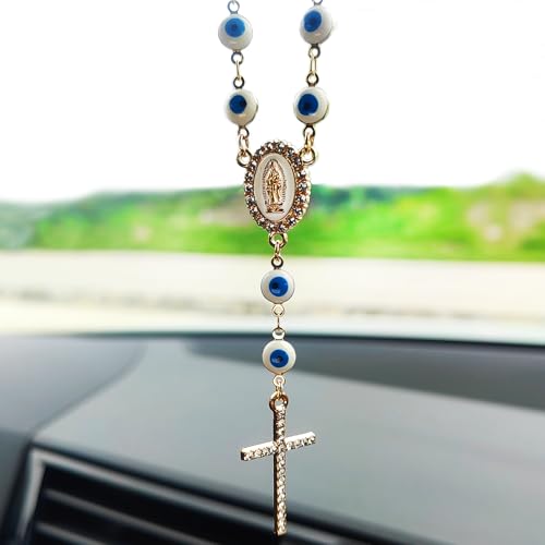 Evil Eye Rear View Mirror Accessories, Bling Cross Car Mirror Hanging Accessories Evil Blue Eye Car Decor, Hanging Ornament for Protection & Blessing - color: Blue
