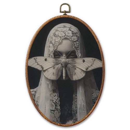 AYQJCBGC Vintage Gothic Moth Oval Framed Wall Art, Cottagecore Retro Canvas Wall Decor, Dark Academia Framed Prints Hanging Decor for Home Bedroom Living Room, 8.3x11.6 Inch. (030) - color: Black Gothic Moth