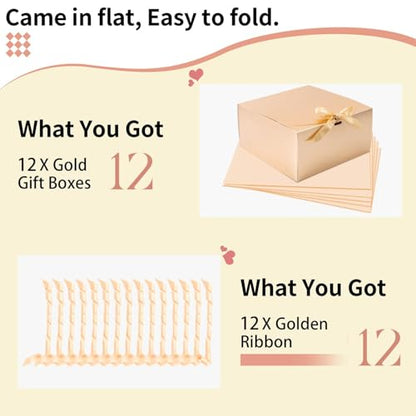 WLUSEAXI 12pack Gift Boxes with Lids,Gift Boxes Bulk with Ribbon,Bridesmaid Proposal Box for Presents Kraft Paper Gift Boxes for Wedding,Christmas,Halloween,Baby Shower - color: Gold