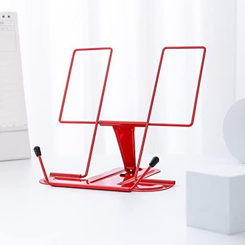 MSDADA Metal Book Stand for Desk, Adjustable Reading Rest Book Holder, Portable Cookbook Documents Holder, Sturdy Typing Stand for Recipes Textbooks Tablet Music Books with Page Clips (Red) - color: Red