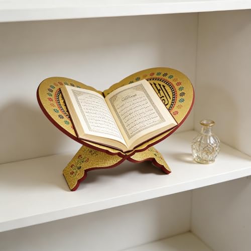 KYMY Muslim Quran Rehal Book Stand – Foldable Wooden Carved Quran Reading Holder for Al-Quran, Koran, Bible Books, Islamic Prayer Book Stand for Ramadan & Eid Decor - style: Round