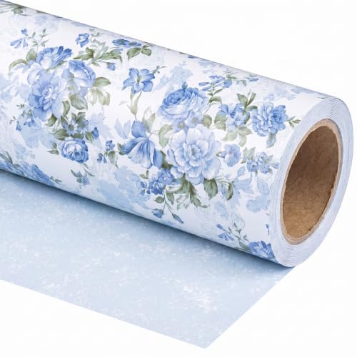 WRAPLULU Reversible Blue Floral Wrapping Paper Roll - 17.5 Inches * 26 Ft. - Vintage Blue and White Watercolor Flower Gift Wrap, Perfect for Wedding, Bridal Shower, Birthday, Mother's Day - color: Blue Vintage Floral