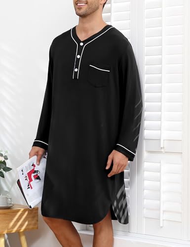 SWOMOG Men's Nightshirt Long Sleeve Nightgown Soft Loose Sleepwear Lightweight Nightwear Comfy Henley Sleep Shirt M-3XL - color: Black, size: Medium