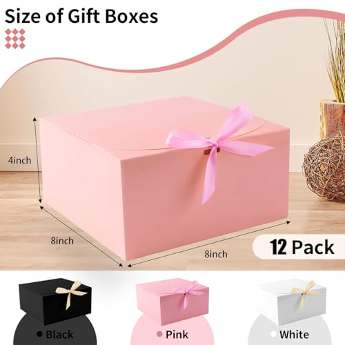 WLUSEAXI 12-Pack Gift Boxes with Lids, Pink with Bow Ribbon, Bridesmaid Proposal Box for Wedding, Christmas, Halloween, Baby Shower - color: Pink