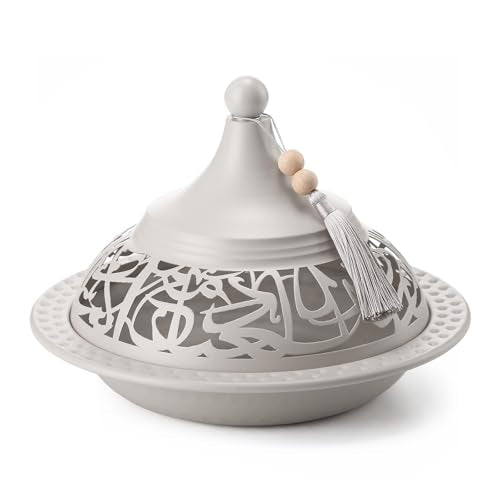 Qinyoung Decorative Ramadan Dates Cover, 10 Inch Taupe Metal Serving Dome Cloche Cover with Silver Tassel for Dates, Eid Serving Platter, Elegant Iftar and Suhoor Table Centerpiece