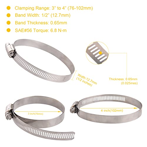 Winlong 3.5'' Stainless Steel Hose Clamps, 8PK SAE 56 Worm Gear Drive Hose Clamps Clamping Range 3 to 4 Inch (76-102mm) for Automotive Plumbing, 3 1/2'', 3 3/4'', 3 1/4'' Clamps - size: SAE#56 (3" ~ 4") 8PK