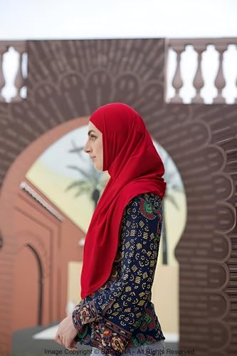 SARJANA Women's Solid Color Cotton Hijab with Under Scarf Cap Ready to Wear Stretch Scarves Long Scarfs FREE SIZE - color: Red