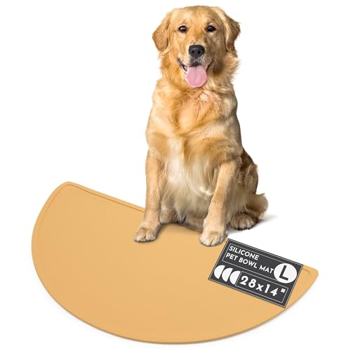 Waterproof Silicone Dog Food Mat – Large Size Non-Slip Pet Bowl Mat, Raised Edge Design, Easy-to-Clean Pet Food Placemat for Dog & Cat Bowls, 28" Across x 14" Deep - Honey - color: Honey, size: Large
