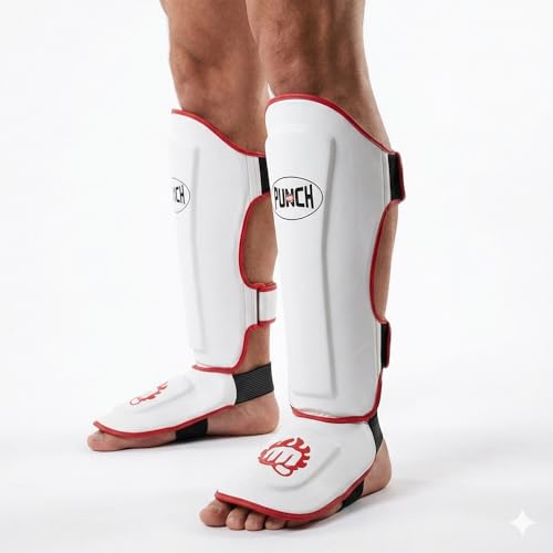 Punch Sports Martial Arts Shin Guards with Instep Protection – Lightweight Artificial Leather Shin & Leg Protector with Double Straps, Foam Padding for MMA, Kickboxing & Muay Thai - size: Large