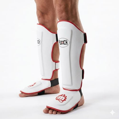Punch Sports Martial Arts Shin Guards with Instep Protection – Lightweight Artificial Leather Shin & Leg Protector with Double Straps, Foam Padding for MMA, Kickboxing & Muay Thai - size: Large