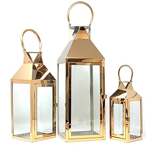 Allgala 3-PC Lantern Set 24 Inch Jumbo Deluxe Modern Indoor/Outdoor Candle Lantern Set Rose Gold Stainless Steel Frame Tempered Glass Pyramid Top for Garden Poolside Fireplace Wedding - color: Pyramid Top Rose Gold