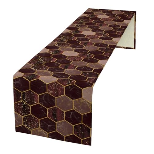 Hexagon Marble Table Runner, Luxury Wine Red Abstract Geometry Gold Accent Table Runner for Kitchen Dining Home Party Wedding Decor, 13x36 Inch - color: Marble -14, size: W13"x L36"
