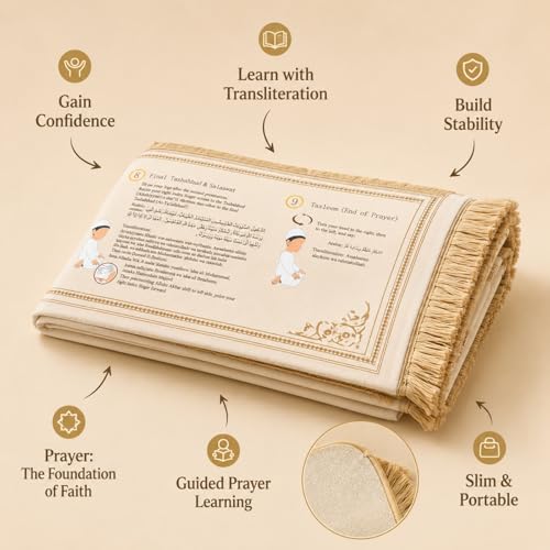 Prayer Mat with Instructions, Muslim Prayer Rug for Beginners | Soft foldable prayer mat for kids, reverts, and beginners; clear Arabic, English, and transliteration guidance. - color: Beige