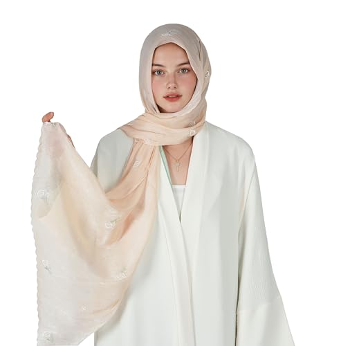 Shinny Threat Hijab Flower Embroidery Shawl Scarf Summer Cool Headwrap | Shinny Threat, Flower Embroidery - color: Light Yellow