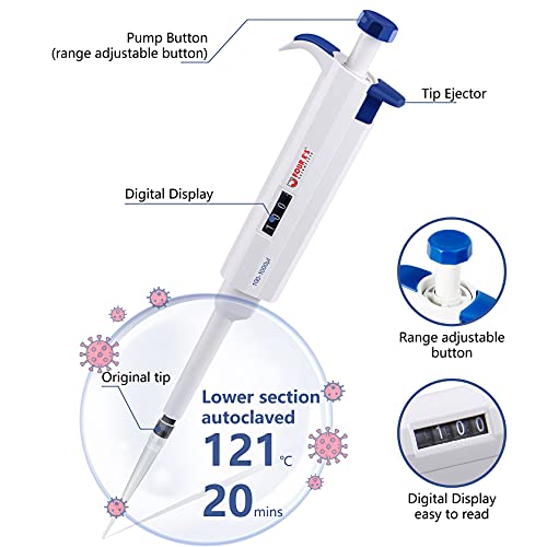 FOUR E'S SCIENTIFIC 1mL Pipette, Adjustable Volume Micropipette | 100-1000μL Single-Channel Pipettor, Ergonomic Design, Precise Volume Dial - size: 07 (100-1000uL)