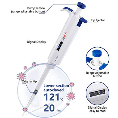 FOUR E'S SCIENTIFIC 1mL Pipette, Adjustable Volume Micropipette | 100-1000μL Single-Channel Pipettor, Ergonomic Design, Precise Volume Dial - size: 07 (100-1000uL)