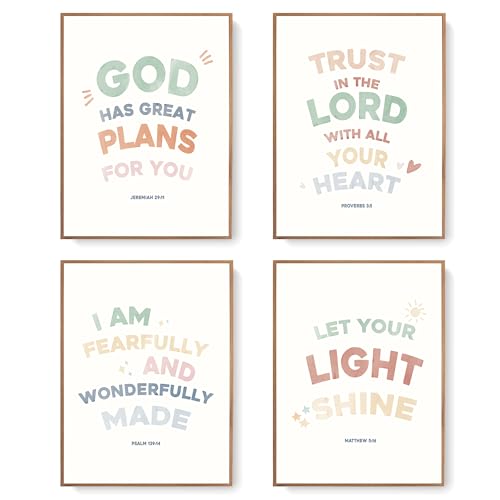 LARTSFRO Bible Christian Boho Wall Art Decor Posters Prints, Inspirational Bible Verses Room Bedroom Bathroom Playroom Dorm Wall Art Decor Aesthetic for Nursery Baby Kids Teen Girls Gifts, Christian Classroom Wall Decor, 12x16 Inch Set of 4 Pcs Pictures (
