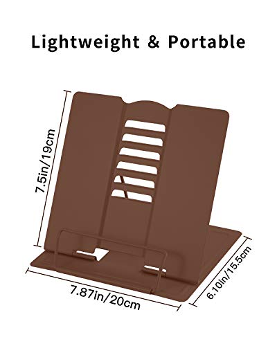 MSDADA Desk Book Stand Metal Reading Rest Book Holder Adjustable Cookbook Documents Holder Portable Sturdy Bookstands for Recipes Textbooks Tablet Music Books with Page Clips (Brown) - color: Brown