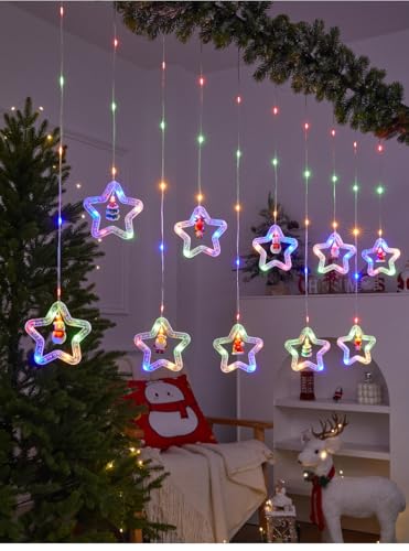 100L Christmas Star Curtain Lights with Decorative Ornaments - 10 Star Hanging Loop Lights, 0.4/0.6m Height, 2m Power Cord, Perfect for Christmas Decoration, Suitable for Everyone
