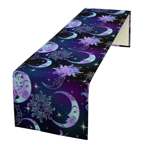 Sun Moon Table Runner, Purple Blue Sun Moon Celestial Boho Mandala Table Runner for Kitchen Holiday Dining Wedding Outdoor 13x36in - color: Moon-12, size: W13''xL36''