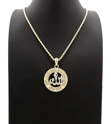 SJ Iced Arabic Allah Pendant 2mm Various Rope Chain Hip Hop Necklace XZ379RC - color: Gold 24"