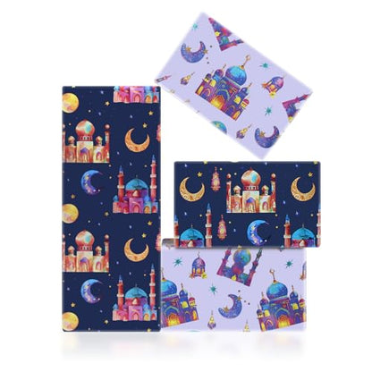 Eid Wrapping Paper,4 Sheet Colorful Mosque Moon Star Ramadan Eid Mubarak Al-Fitr Al-Adha Wrapping Paper Pink Blue Purple Islamic Holidays Gift Wrap Paper for Islamic Muslim Party Favors,28 x 20 Inch