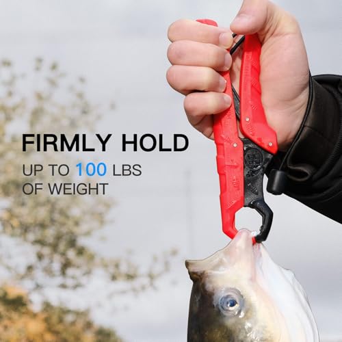 7.5'' Floating Fish Gripper, Fishing Grabber | Catfish Mouth Pliers, Caught Bass Holder, Fish Scale Hook Clamp, Saltwater Lip Grip Tool with Lanyard, Gifts for Men - color: Red-black