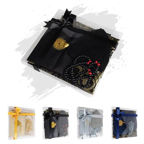 Islamic Prayer Gift Set for Men – Velvet Prayer Mat, Tasbih Beads, Yaseen Book – Muslim Prayer Essentials – Ramadan Eid Gift - color: Black