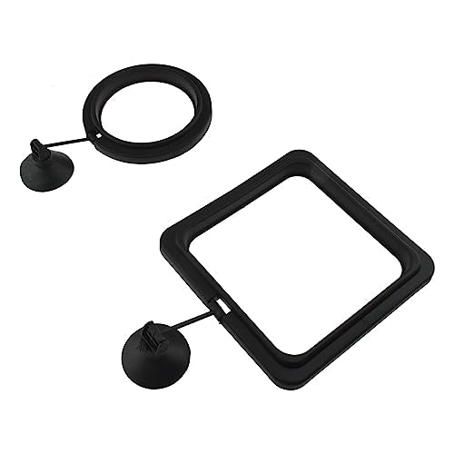 2Pcs Fish Feeding Rings Black Mixed Shape Floating Food Feeder Circle with Suction Cup for Fishes Tank Aquarium Turtle Betta Goldfish Small Fish Feeding Accessories Floating Plant Duckweed Ring - color: Black, size: Round+Square-2Pcs