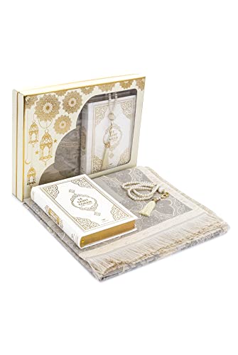 ihvan online Prayer Gift Box for Hajj and Umrah, Muslim Prayer Rug, Islamic Mat, 99 Pearly Beads Tesbih, Holly Quran with French Translation, Islamic Deluxe Set for Ramadan & Eid Gift - color: White / Set 3