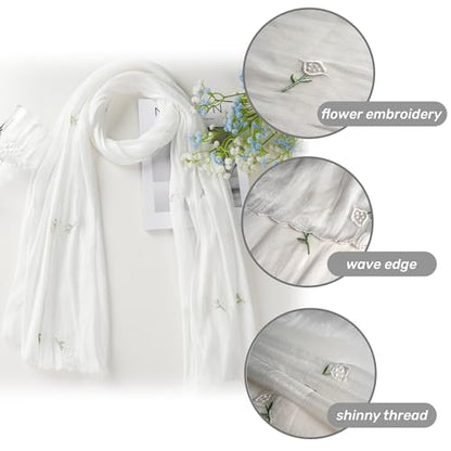 Shinny Threat Hijab Flower Embroidery Shawl Scarf Summer Cool Headwrap | Shinny Threat, Flower Embroidery - color: White