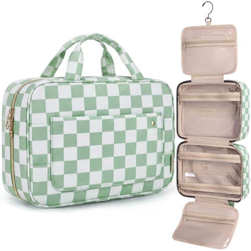 BAGSMART Toiletry Bag Travel Bag with Hanging Hook, Water-resistant Makeup Cosmetic Bag Travel Organizer for Accessories, Shampoo, Full-size Container, Toiletries (Green Checkerboard, Medium) - color: Green Checkerboard, size: Medium