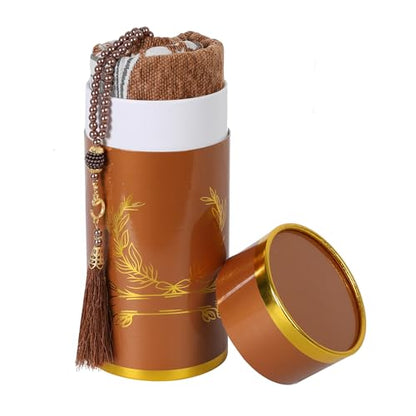 Muslim Prayer Rug Islamic Mat with Prayer Beads - Lightweight Ramadan Eid Prayer Carpet Mat with Cylinder Gift Box Set, Khaki - color: Khaki