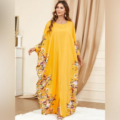 IDOPIP Abayas for Women Muslim Ramadan Dress Long Sleeve Floral Maxi Moroccan Kaftan Dress Loose Islamic Dubai Pakistani Robe - color: Yellow