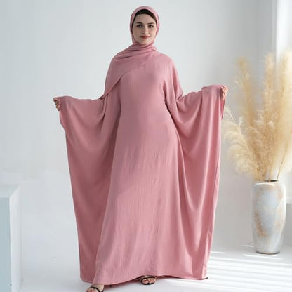 Women Muslim Abaya Dress 1Piece Bat Sleeve Islamic Maxi Robe Fashion Jilbab for Women Eid Kaftan Muslim Robe - color: Pinka, size: Large
