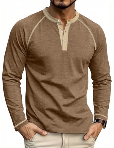 Men's Henry Long Sleeved T-Shirt Cotton Casual Button Lightweight Pullover Shirt Soft Stretch Tees Tops - color: Heather Camel, size: Large