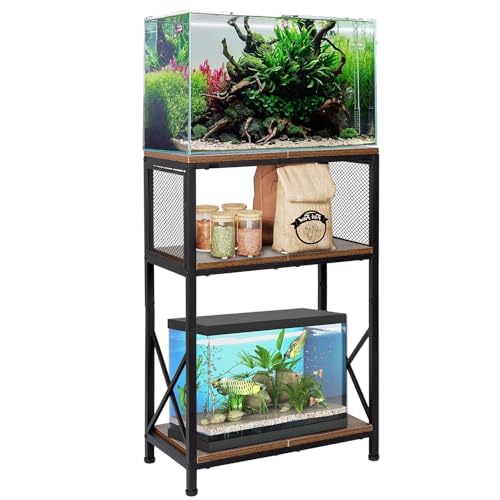 SwaaVee Fish Tank Stand, 10 Gallon Aquarium Stand, 3-Tier Metal Storage Shelf, 20.47"×11.42"×31.69" Heavy Duty Terrarium Stand for Home Office Fish Tank Shelf, Rustic Brown - color: Rustic Brown