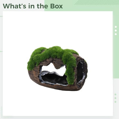 Fish Tank Barrel Decoration, 4.7 in / 12 Cm with Mossy Accent, Brown Resin Fish Cave, Safe Shelter