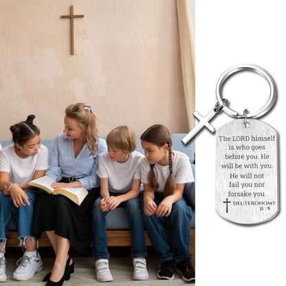 Inspirational Scripture Keychain with Cross - Bible Verse Matte Key Chain Religious Gift for Christian - style: Deuteronomy 31:8
