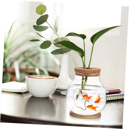 GANAZONO Mini Glass Fish Bowl with Wood Lid, Hydroponic Small Aquarium 10x11cm, Desktop Betta Fish Tank with Mat for Home and Office Decor