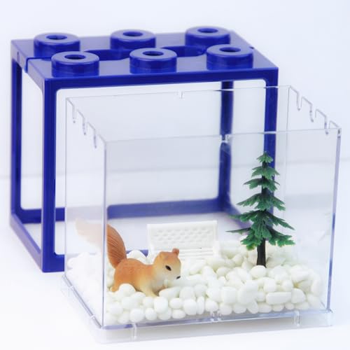 Small Sea Monkey Tank, Stackable Mini Betta Fish Tank Tinny Aquarium Kit with Aquarium Gravel, Moss Ball Tank Shrimp Tank 0.27 Gallon Acrylic Cube Fish Bowl for Shrimp Snails - color: Blue