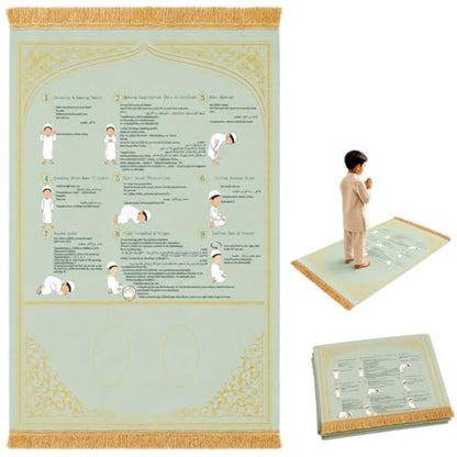 Muslim Prayer Rug: Complete Prayer Mat with Instructions, Takbir to Tasleem | Suede. Step-by-step muslim prayer rug with instructions. Home, travel, car, school. Great for beginners/kids/reverts. - color: Green