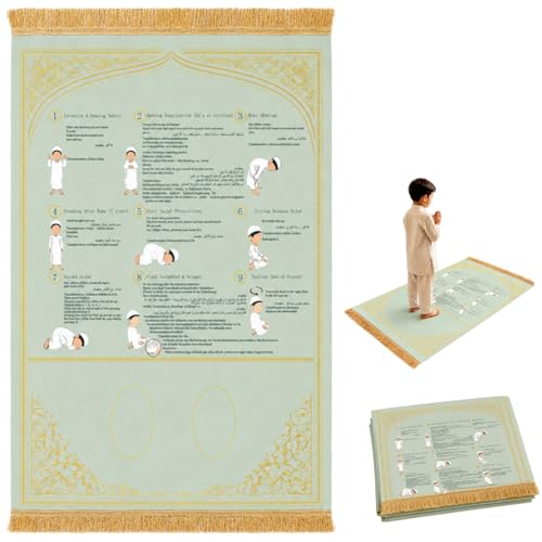 Muslim Prayer Rug: Complete Prayer Mat with Instructions, Takbir to Tasleem | Suede. Step-by-step muslim prayer rug with instructions. Home, travel, car, school. Great for beginners/kids/reverts. - color: Green