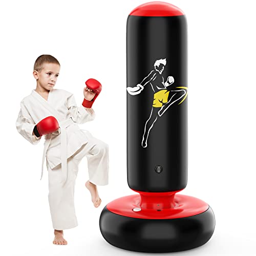 QPAU Larger Stable Punching Bag Toy for Kids with Boxing Gloves, Tall 66 Inch Kids Inflatable Boxing Bag Toy, Gifts for Boys & Girls Age 6-12, for Karate, Taekwondo, MMA and to Relieve Pent Up Energy