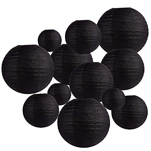 Black Paper Lanterns 12 Pcs Assorted size of 6" 8" 10" 12" Chinese Round Paper Hanging Decorations Ball Lanterns Lamps for Home Decorations, Parties, and Weddings - color: Black
