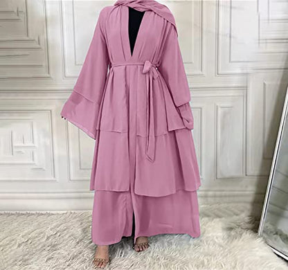 Muslim Chiffon Abaya for Women Open Front Cardigan Modest Dress with Hijab Scarf Middle East Arabian Robe Islamic Long Dress - color: Rose Pink, size: Small