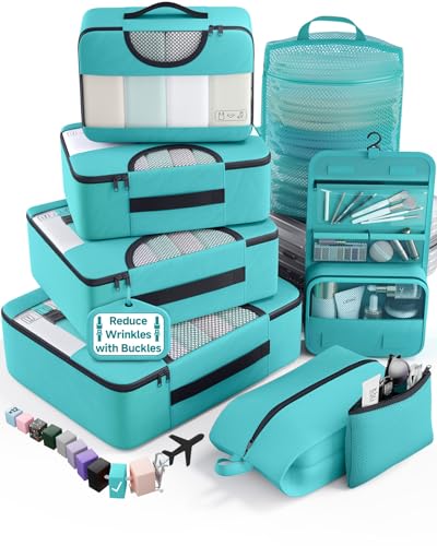 Veken 8 Set Packing Cubes for Travel Essentials, Suitcase Organizer Bags in 4 Sizes, Carry-On Luggage Accessories with Laundry Bag, Airplane Must Have with 99-Count Mesh Holes - color: Teal