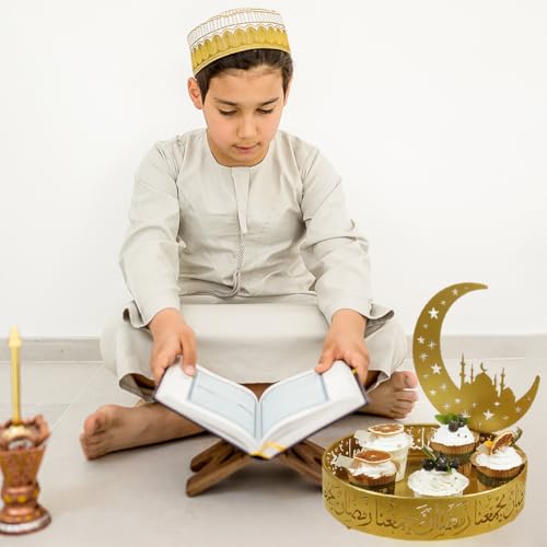 Ramadan Tray Eid Mubarak Metal Serving Tray Lunar Crescent Eid Mubarak Dishes Tray Plate Ramadan Eid Serving Tray Fruit Tray Tableware Dessert Platters Storage Container Display Holder