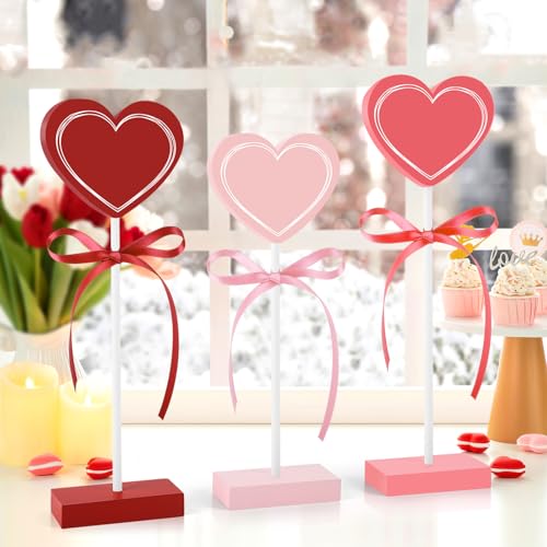3 Pieces Valentine's Day Table Decorations Wooden Heart Set,Rustic Valentine's Day Tiered Tray Decor for Home Tables (Line) - style: Line